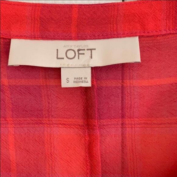 LOFT Blouse Top V-Neck Sheer Purple Orange Plaid Blouse Top Size Small - Picture 5 of 10